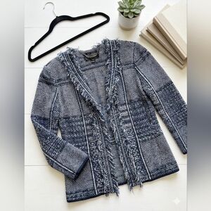 St. John Couture Blue Tweed Knit Fringe Patchwork Open Front Jacket Blazer Sz 12